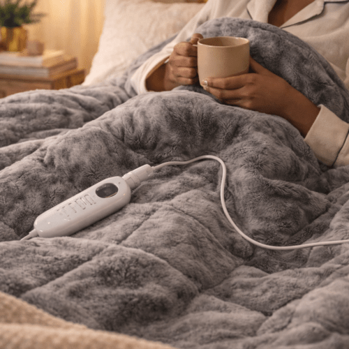 Heated weighted blanket on a bed for warm and cozy nights